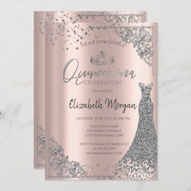 Invitation Robe Tiara Argent Stars Rose Gold Quinceañera (Devant / Derrière)