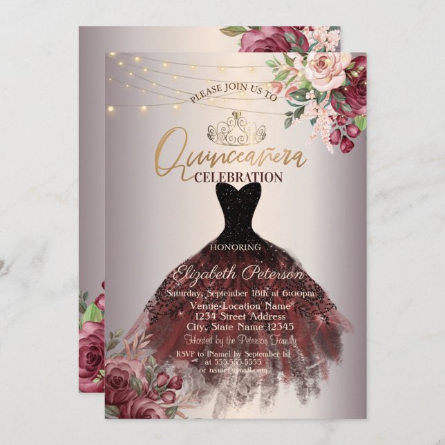 Invitation Robe, Tiara, Lumières Roses, Rose Gold Quinceañera (Devant / Derrière)