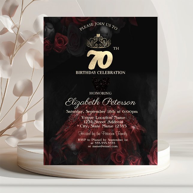 Invitation Robe, Tiara, Roses rouges 70e anniversaire (Créateur téléchargé)