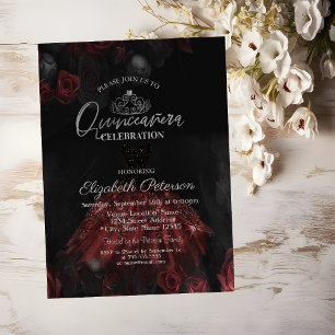 Invitation Robe, Tiare Argenté, Roses Rouges Quinceañera