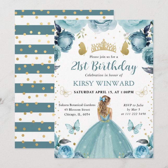 Invitation Robe turquoise Cheveux blonds Princesse Anniversai (Devant / Derrière)