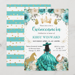 Invitation Robe turquoise Cheveux noirs Princesse Quinceanera