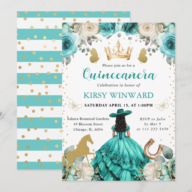 Invitation Robe turquoise Cheveux noirs Princesse Quinceanera (Devant / Derrière)