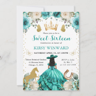 Invitation Robe turquoise Cheveux noirs Princesse Sweet 16