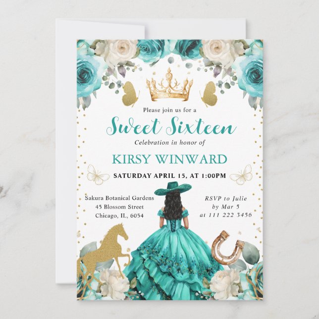 Invitation Robe turquoise Cheveux noirs Princesse Sweet 16 (Devant)