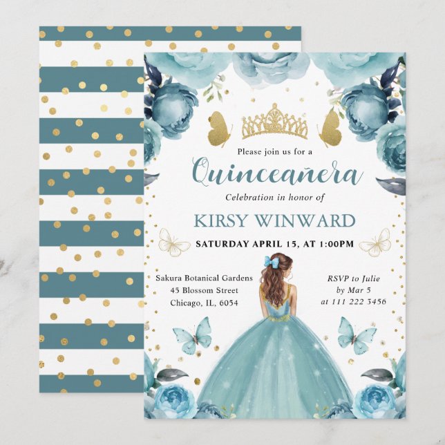 Invitation Robe turquoise Cheveux rouges Princesse Quinceaner (Devant / Derrière)