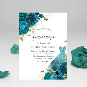 Invitation Robe turquoise et or étincelle Rose Quinceanera Pa