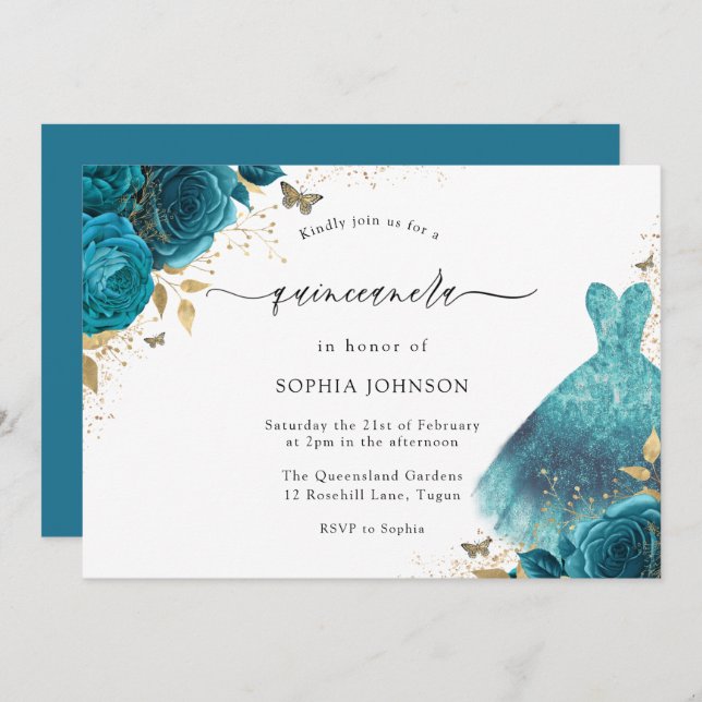 Invitation Robe turquoise et or étincelle Rose Quinceanera Pa (Devant / Derrière)