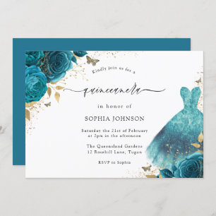 Invitation Robe turquoise et or étincelle Rose Quinceanera Pa