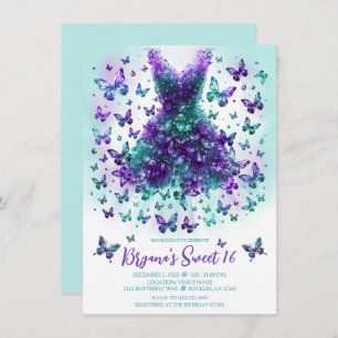 Invitation Robe turquoise et violette en cristal papillon