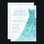 Invitation Robe turquoise étincelante Douce 16 Partie<br><div class="desc">Robe Turquoise étincelante Sweet 16 Invitation de fête Variations à l'invitation et articles correspondants dans notre magasin</div>