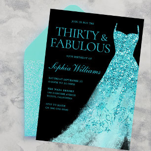 Invitation Robe turquoise étincelante Noir 30e fête d'anniver