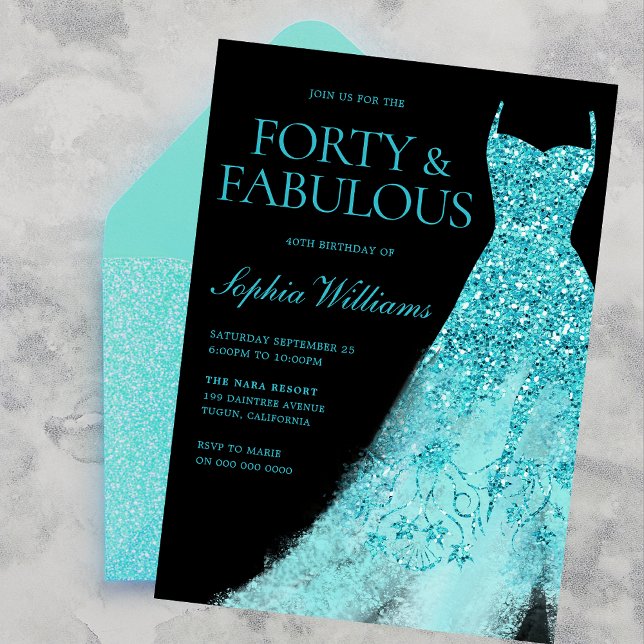 Invitation Robe turquoise étincelante Noir 40e fête d'anniver (Créateur téléchargé)