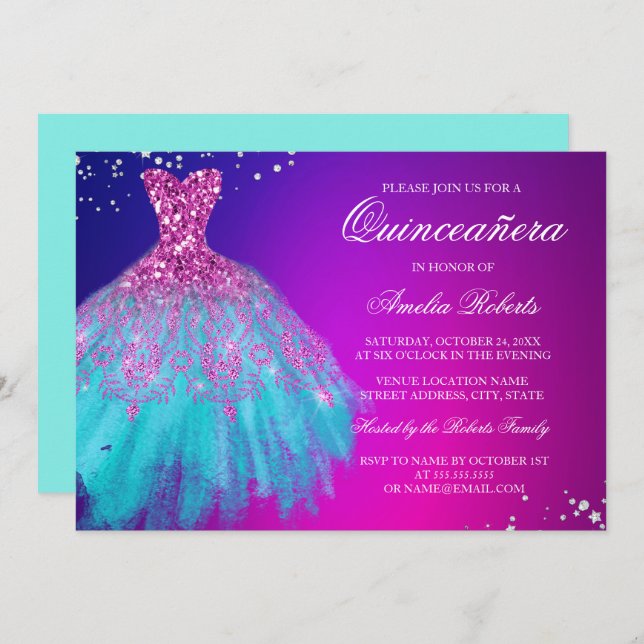 Invitation Robe Turquoise étincelante rose Quinceanera Invita (Devant / Derrière)