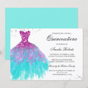 Invitation Robe Turquoise étincelante rose Quinceanera Invita