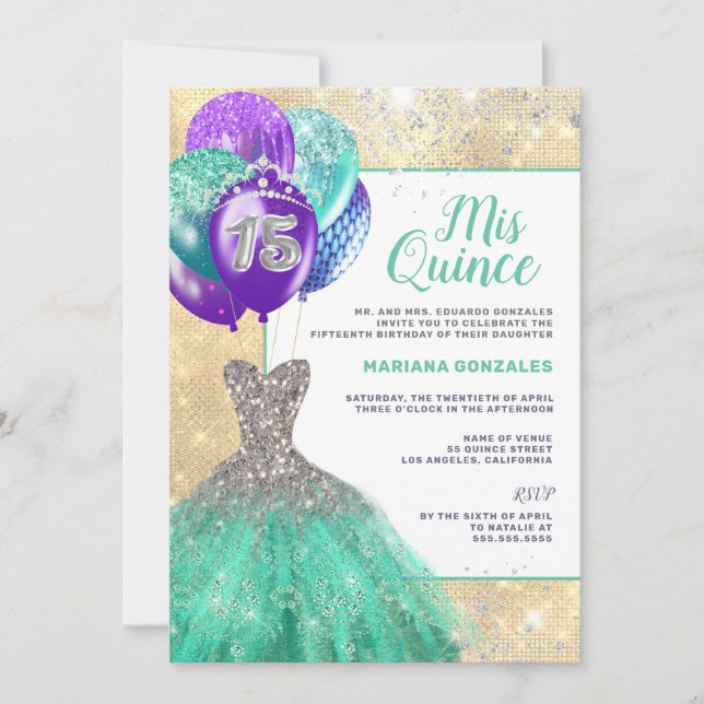 Invitation Robe turquoise étincelle Parties scintillant d'arg (Devant)