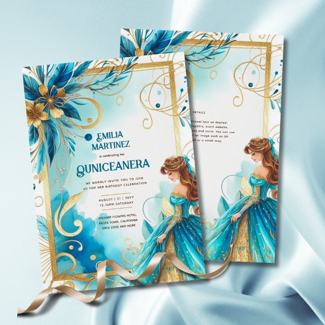 Invitation Robe turquoise Gold Quinceañera (Créateur téléchargé)