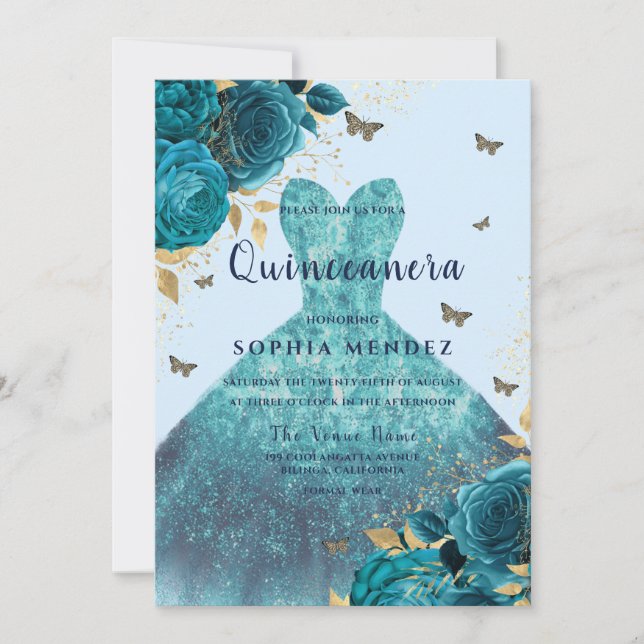 Invitation Robe turquoise or étincelle Rose Quinceanera Party (Devant)