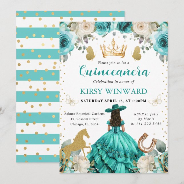 Invitation Robe turquoise, princesse brune de Quinceanera (Devant / Derrière)