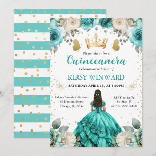 Invitation Robe turquoise, princesse brune de Quinceanera
