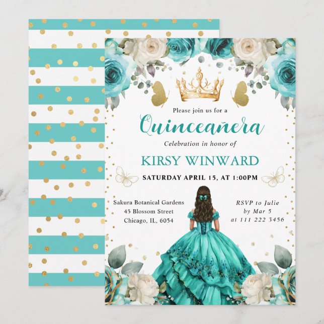 Invitation Robe turquoise, princesse brune de Quinceanera (Devant / Derrière)