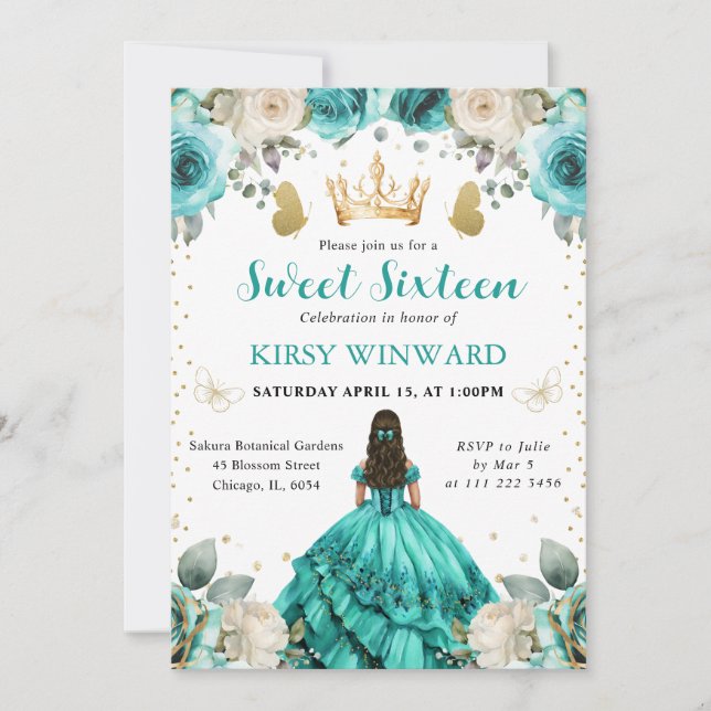 Invitation Robe turquoise Princesse brune Sweet 16 (Devant)