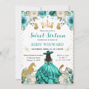 Invitation Robe turquoise, princesse brune, Sweet 16