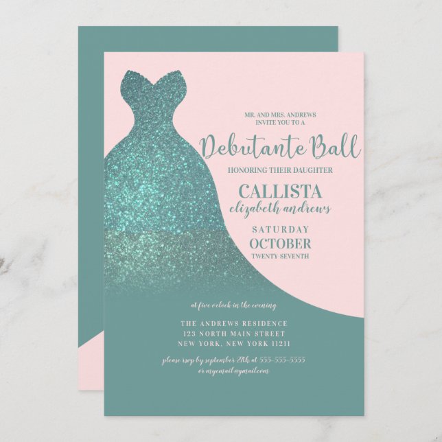 Invitation Robe turquoise rose brillant Parties scintillant D (Devant / Derrière)