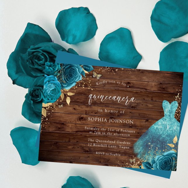 Invitation Robe Turquoise rustique Rose Quinceanera Party (Créateur téléchargé)