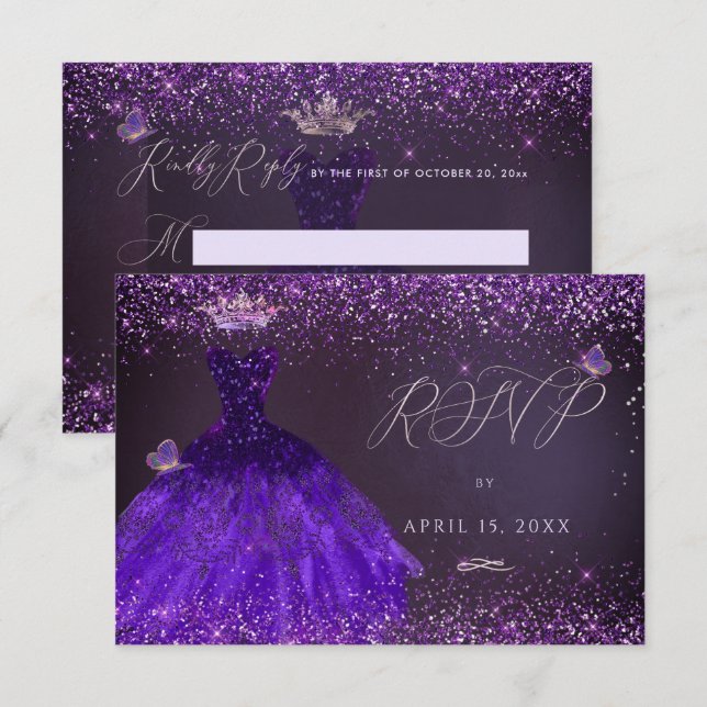 Invitation Robe ultra violette papillon RSVP pour Quinceanera (Devant / Derrière)
