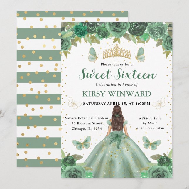Invitation Robe Vert Clair Princesse Brune Sweet 16 (Devant / Derrière)