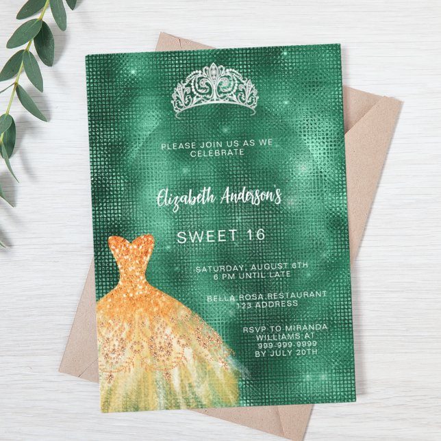 Invitation Robe vert émeraude or tiara Sweet 16 (Créateur téléchargé)