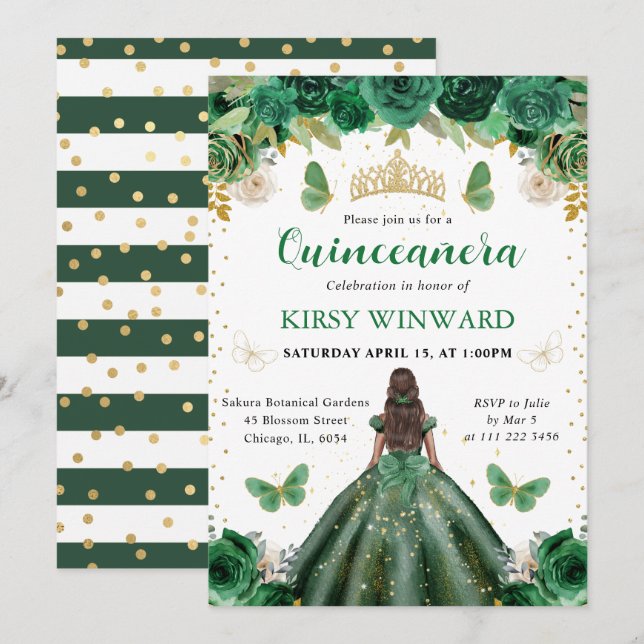 Invitation Robe vert foncé Peau foncée Princesse Quinceanera (Devant / Derrière)