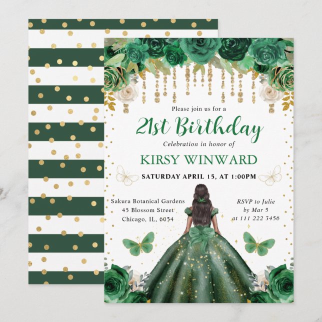 Invitation Robe vert foncé Princesse à peau foncée Anniversai (Devant / Derrière)