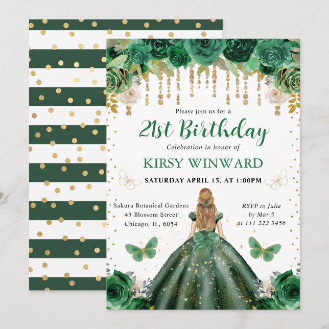Invitation Robe vert foncé Princesse aux cheveux blonds Anniv (Devant / Derrière)