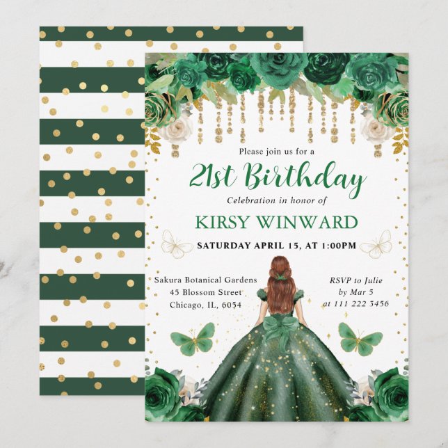 Invitation Robe vert foncé Princesse aux cheveux roux Anniver (Devant / Derrière)