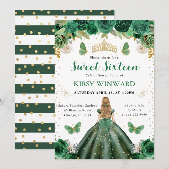 Invitation Robe vert foncé Princesse blonde Sweet 16 (Devant / Derrière)