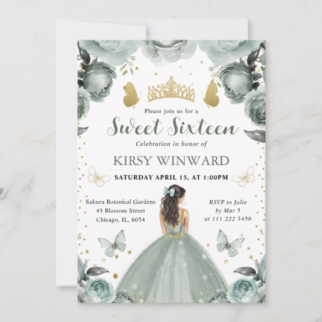 Invitation Robe Vert Sauge Brunette Princesse Sweet 16 (Devant)