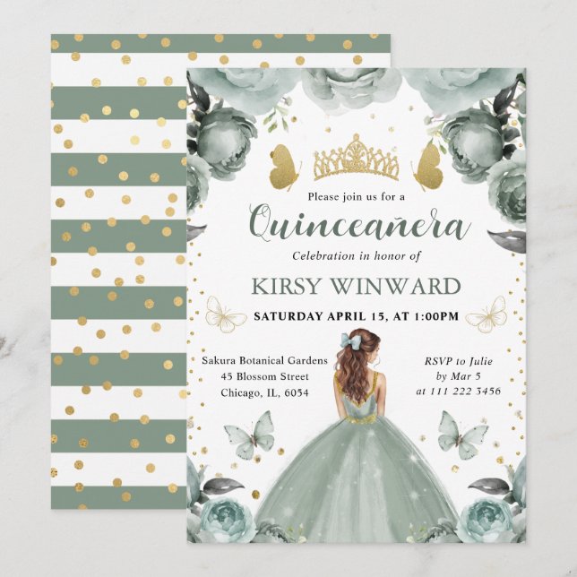 Invitation Robe Vert Sauge Cheveux Rouges Princesse Quinceane (Devant / Derrière)