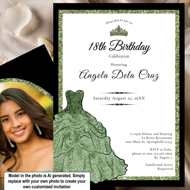 Invitation Robe Vert Sauge et Diadème Début 18 Ans  (Créateur téléchargé)