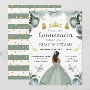 Invitation Robe Vert Sauge Princesse à Peau Foncée Quinceaner