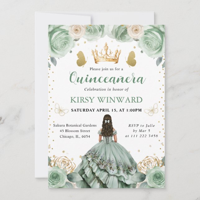 Invitation Robe Vert Sauge Princesse Brune Quinceanera (Devant)