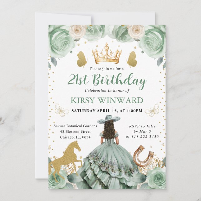 Invitation Robe Vert Sauge Princesse Occidentale Anniversaire (Devant)