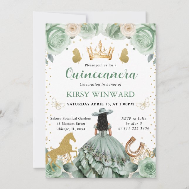 Invitation Robe Vert Sauge Princesse Occidentale Quinceanera (Devant)