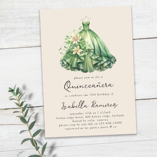 Invitation Robe Verte Aquarelle Elégante Quinceañera (Créateur téléchargé)