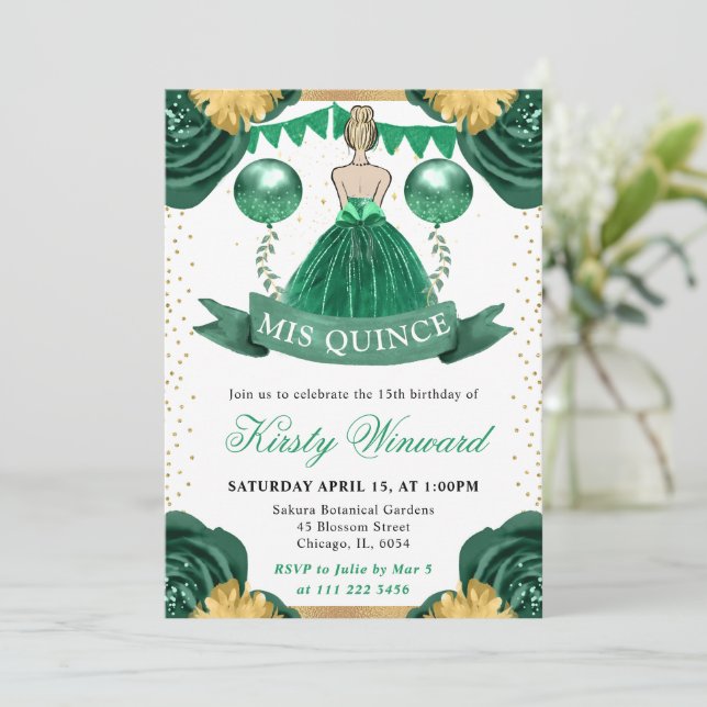 Invitation Robe verte Blonde Cheveux Princesse Quinceanera (Debout devant)