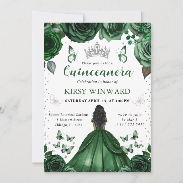 Invitation Robe verte de chasseuse Princesse Quinceanera à pe (Devant)