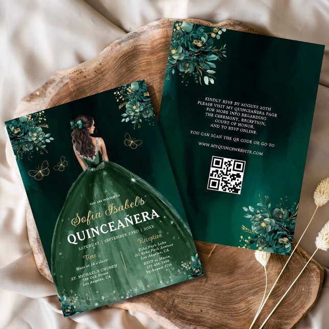 Invitation Robe verte de fleurs QR Code Quinceanera (Créateur téléchargé)