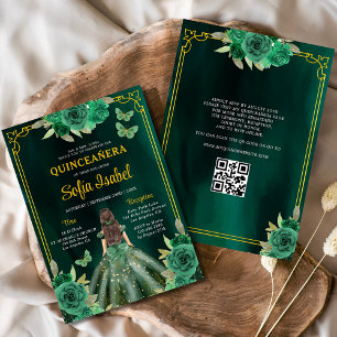 Invitation Robe verte de fleurs QR Code Quinceanera