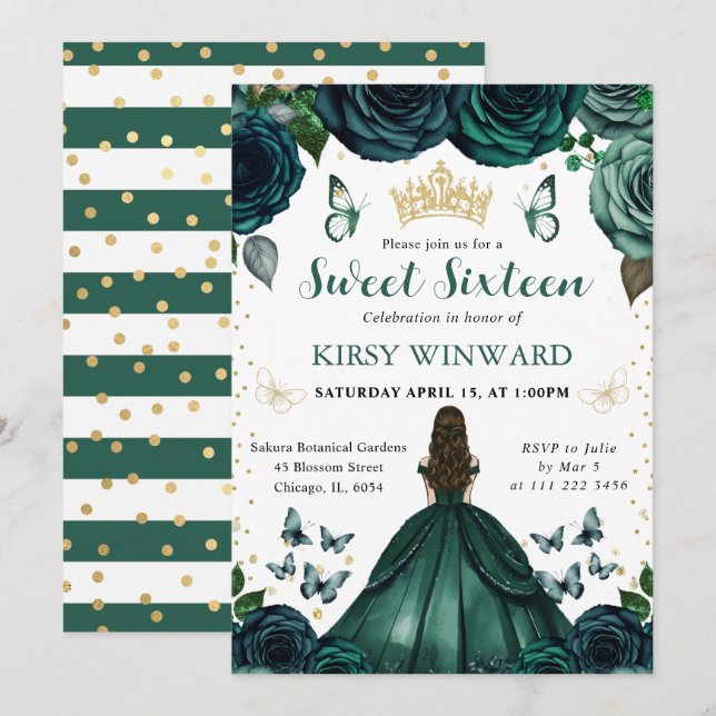 Invitation Robe verte émeraude Brunette Princesse Sweet 16 (Devant / Derrière)